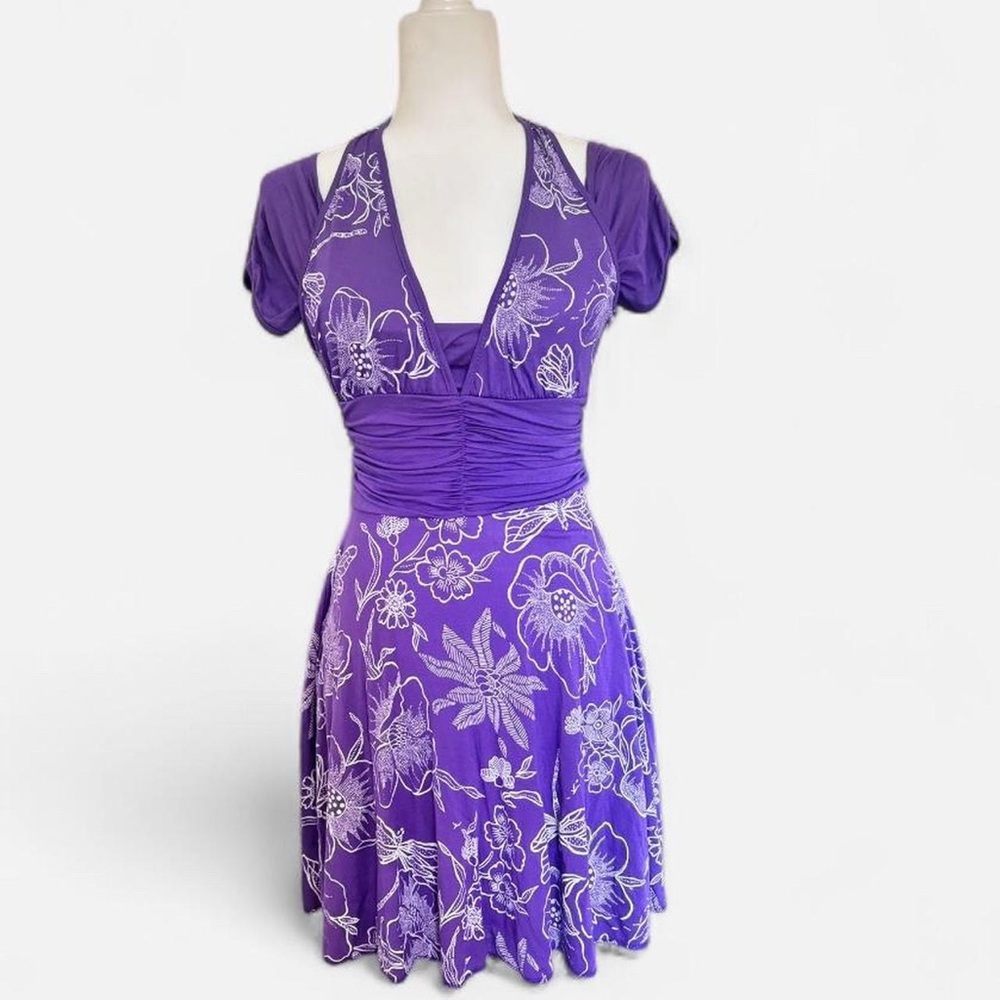 🆕 Y2k Vintage Purple Floral V-Neck Fit & Flare Dress ~ Size XS/S
